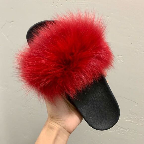Handmade Red Fluffy Genuine Fox Fur Slippers, Soft Slide - Picture 10 of 12